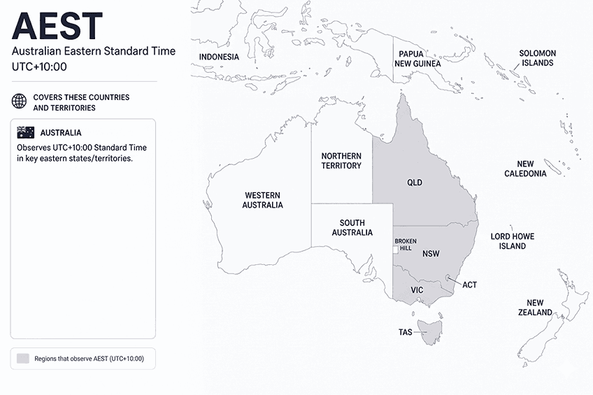 Geographical coverage map and countries observing Australian Eastern Standard Time