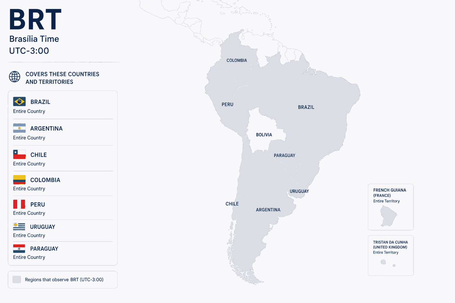 Geographical coverage map and countries observing Brasília Time