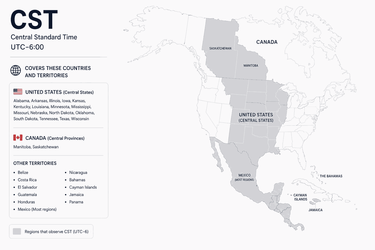 Geographical coverage map and countries observing Central Standard Time