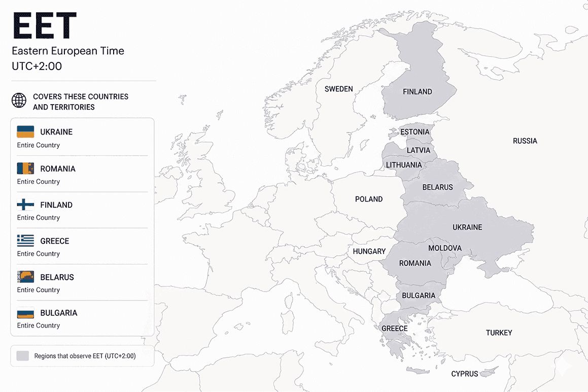 Geographical coverage map and countries observing Eastern European Time