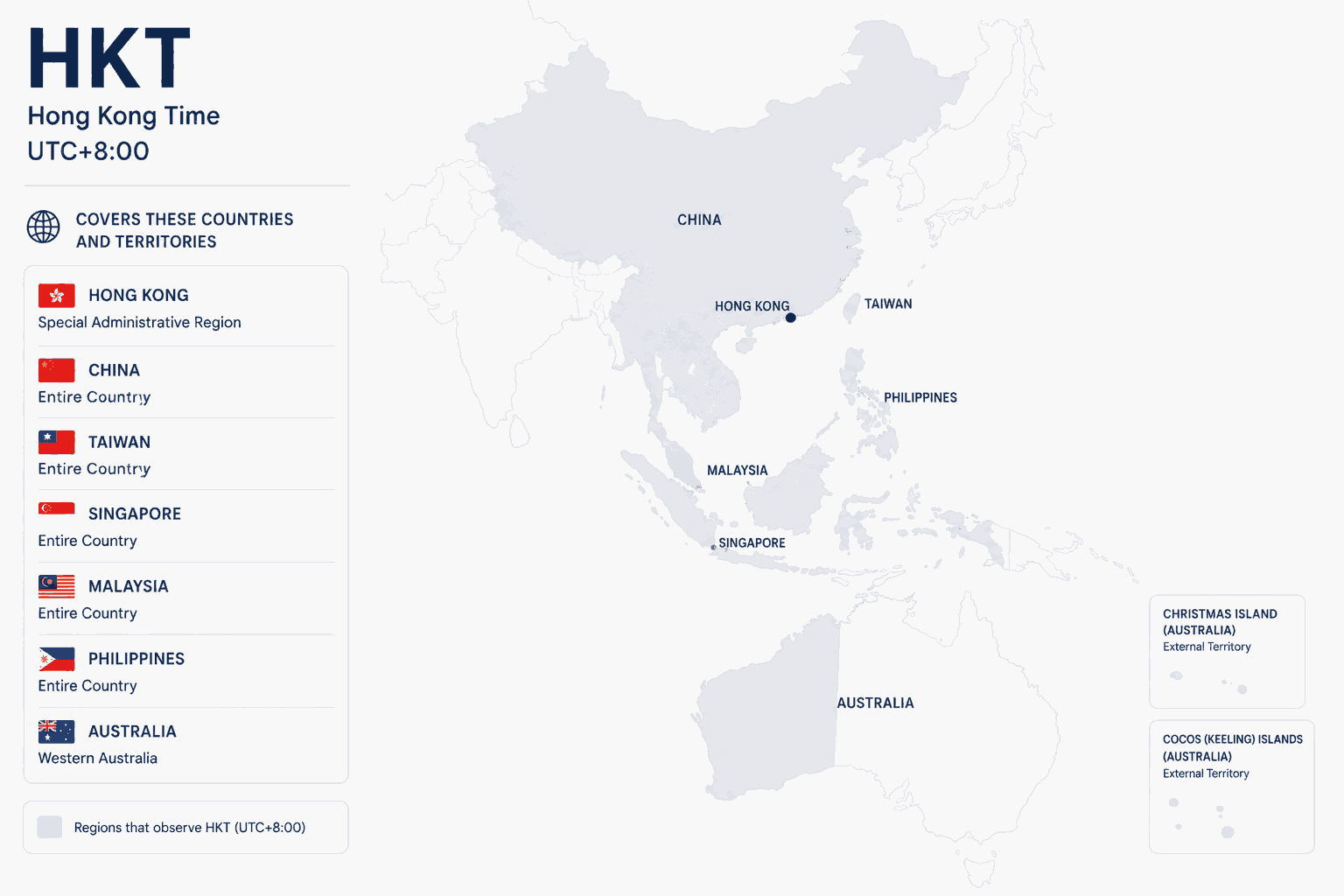 Geographical coverage map and countries observing Hong Kong Time