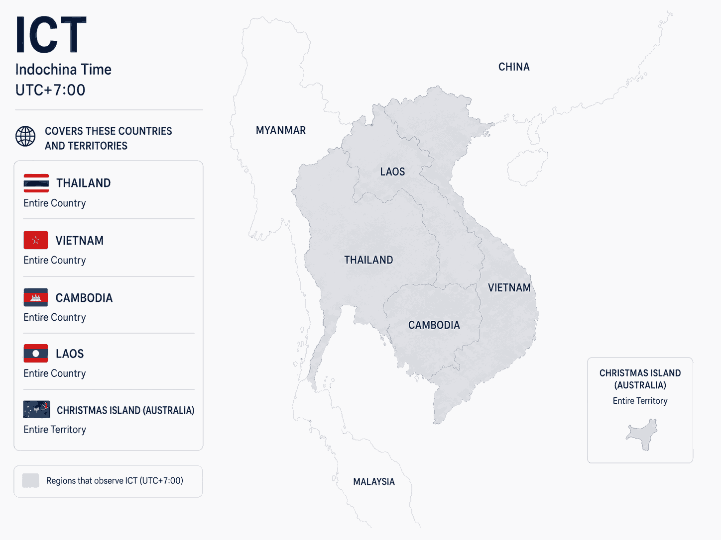 Geographical coverage map and countries observing Indochina Time