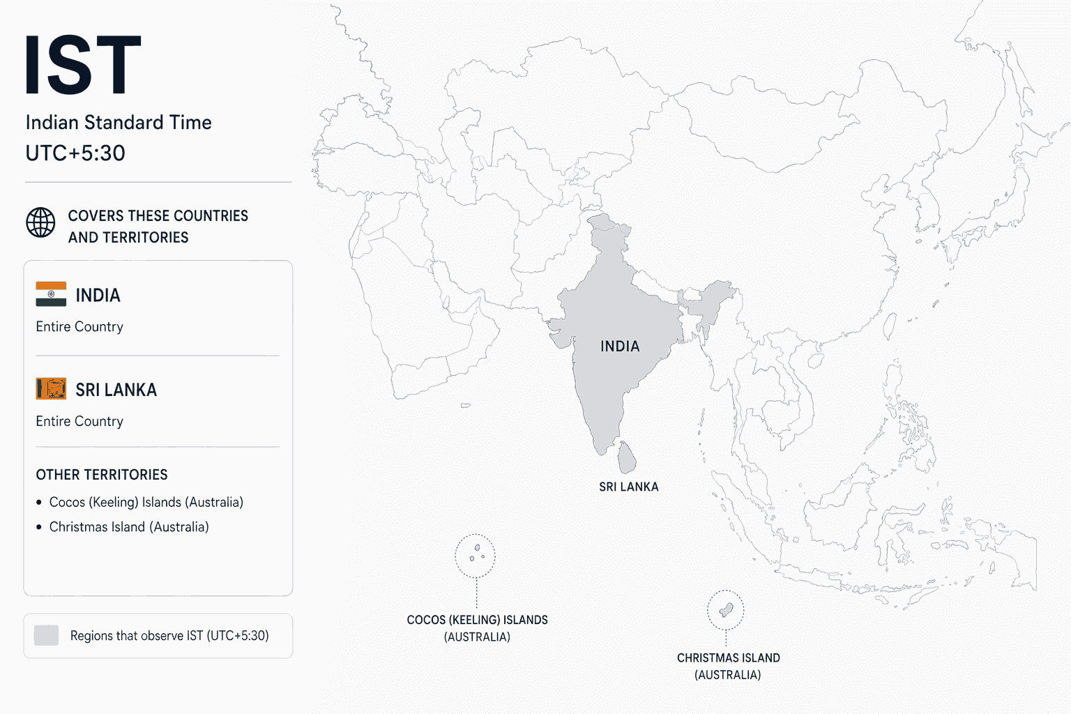 Geographical coverage map and countries observing Indian Standard Time