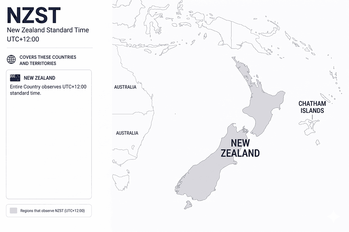Geographical coverage map and countries observing New Zealand Standard Time