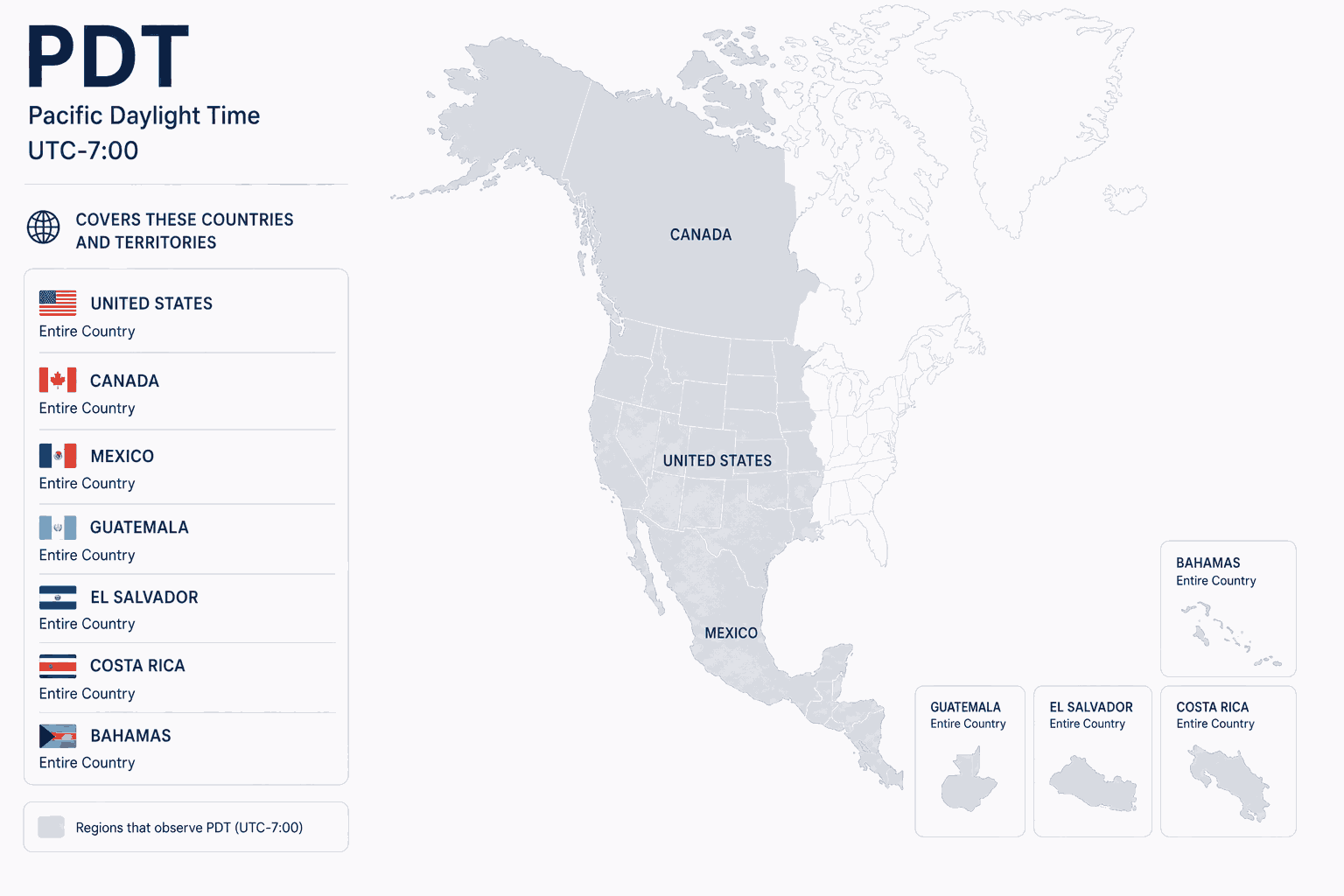 Geographical coverage map and countries observing Pacific Daylight Time