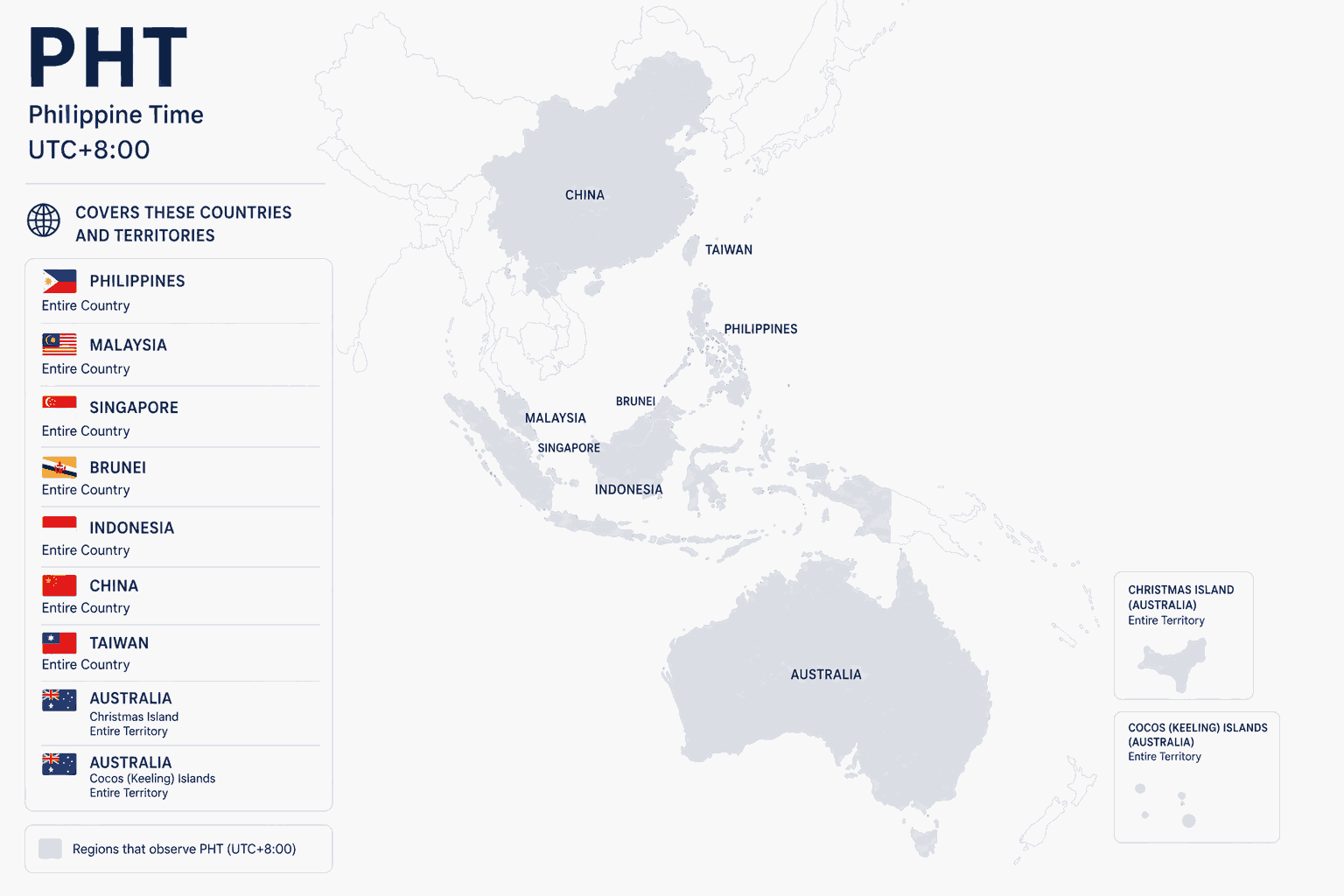 Geographical coverage map and countries observing Philippine Time