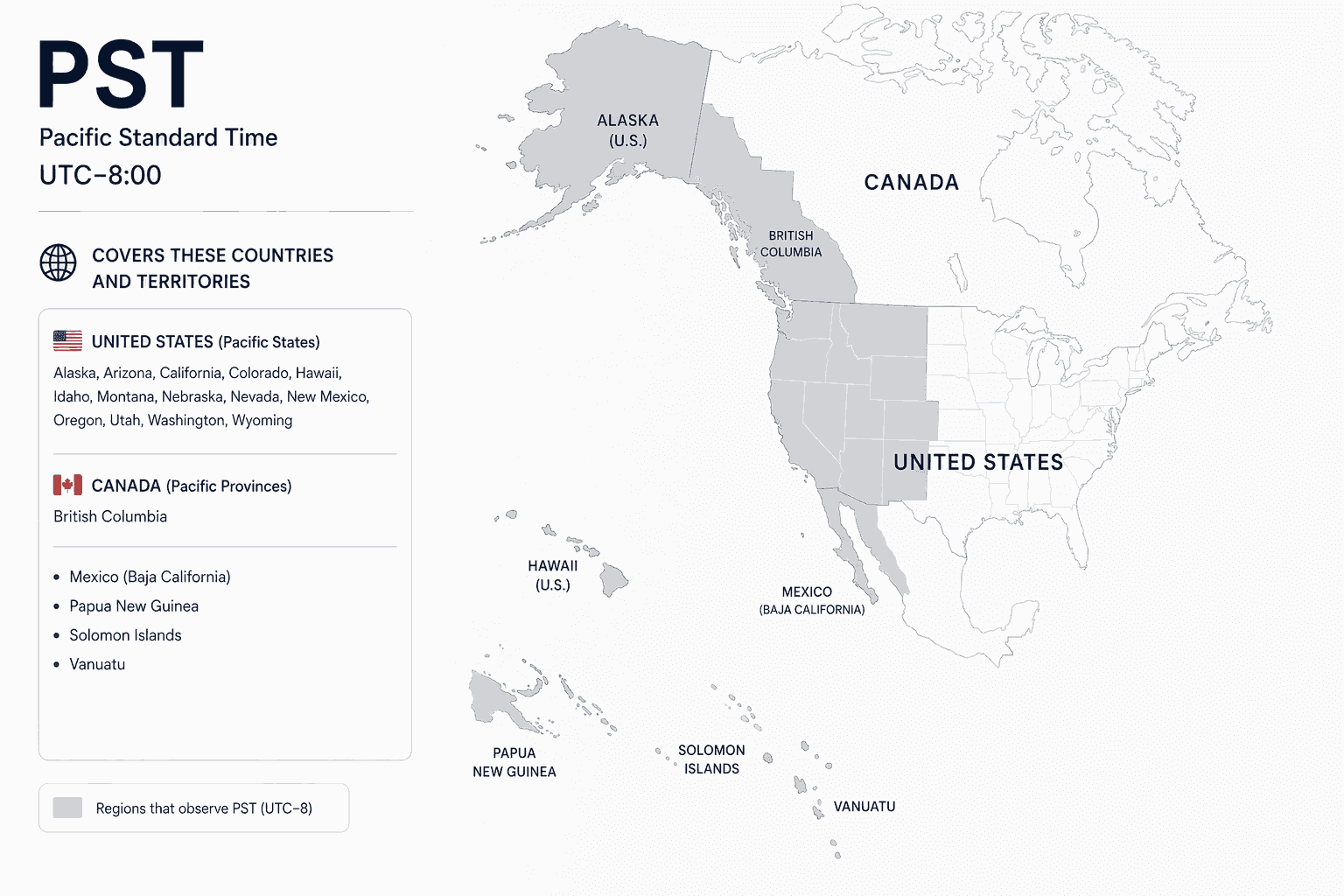 Geographical coverage map and countries observing Pacific Standard Time